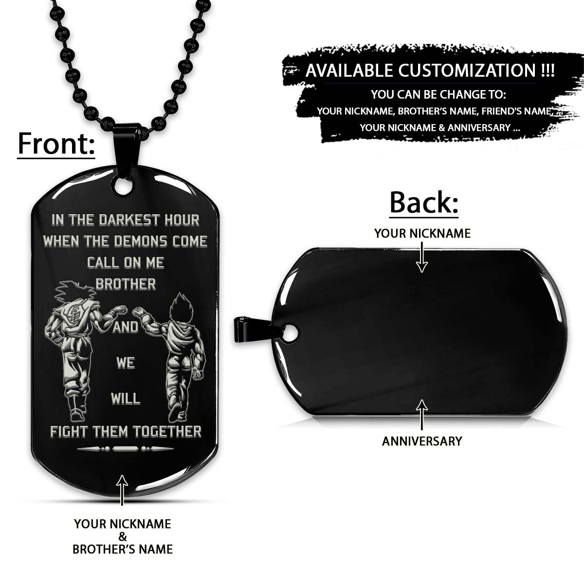 Dragon Ball Dog Tag - Call On Me Brother - Goku - Vegeta - Dragon Ball Necklace - Engrave Dog Tag