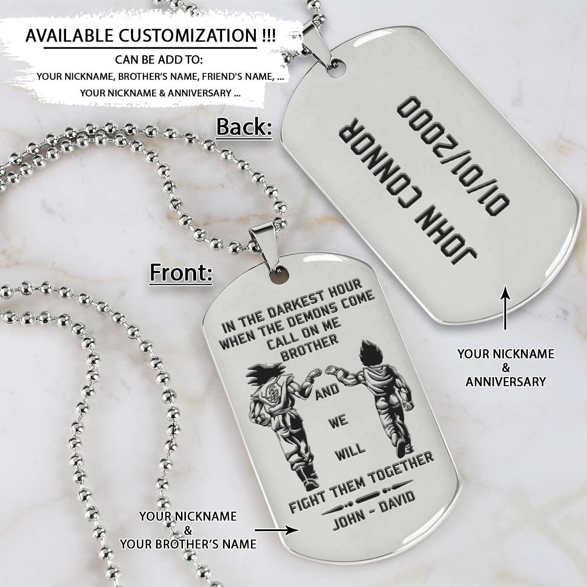 Dragon Ball Dog Tag - Call On Me Brother - Goku - Vegeta - Dragon Ball Necklace - Engrave Dog Tag