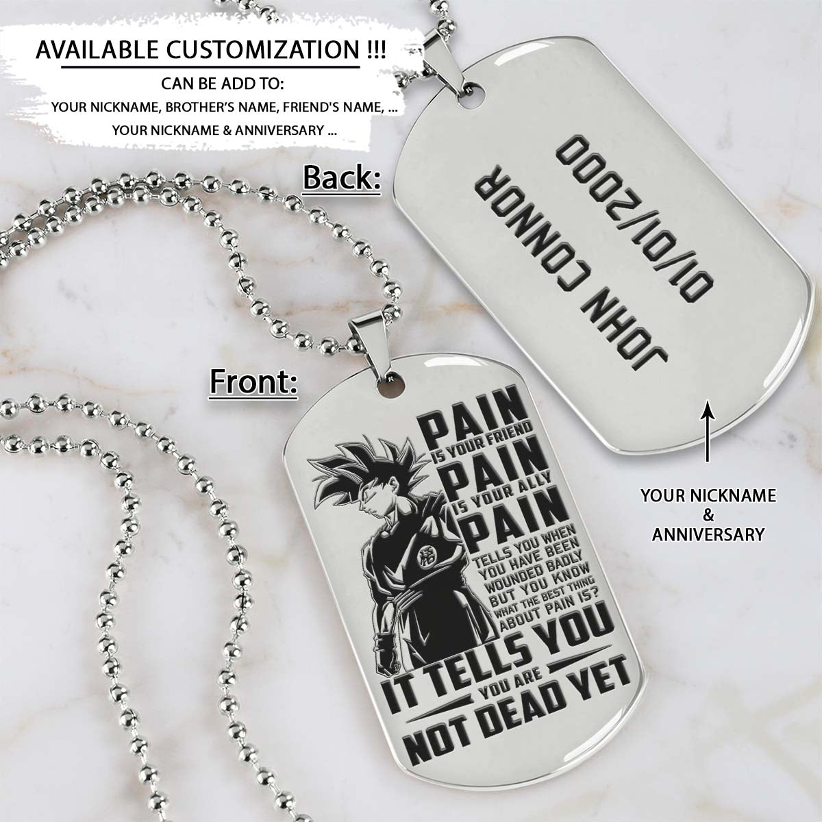 Dragon Ball Dog Tag - PAIN - You Are Not Dead Yet - Goku - Dragon Ball Necklace - Engrave Dog Tag