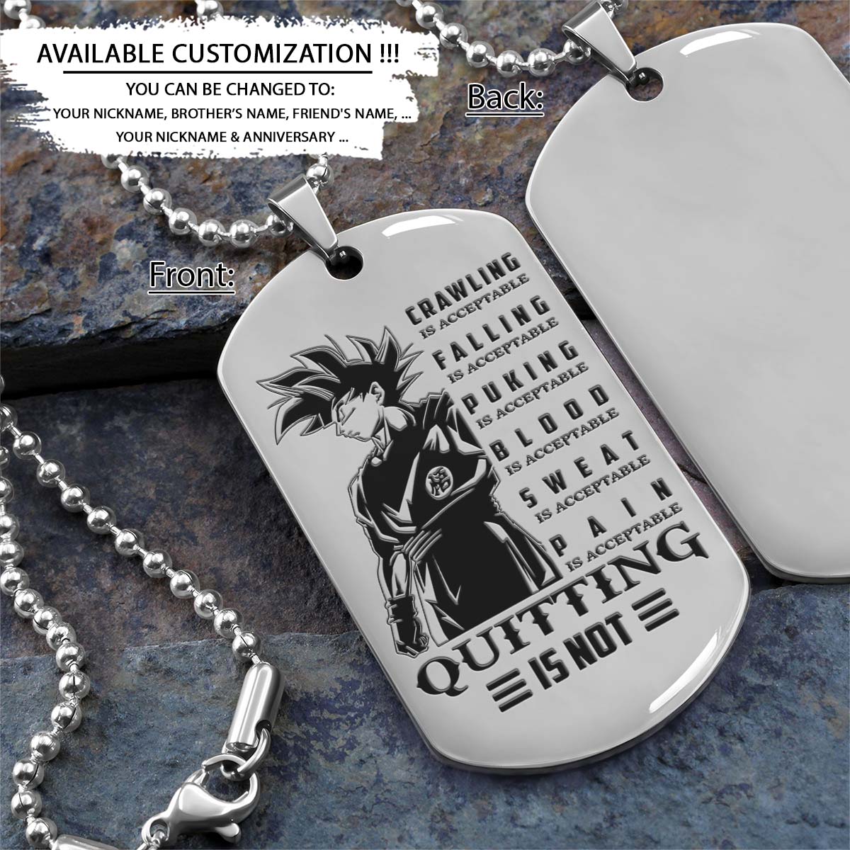 Dragon Ball Dog Tag - Quitting Is Not - Goku - Dragon Ball Necklace - Engrave Dog Tag