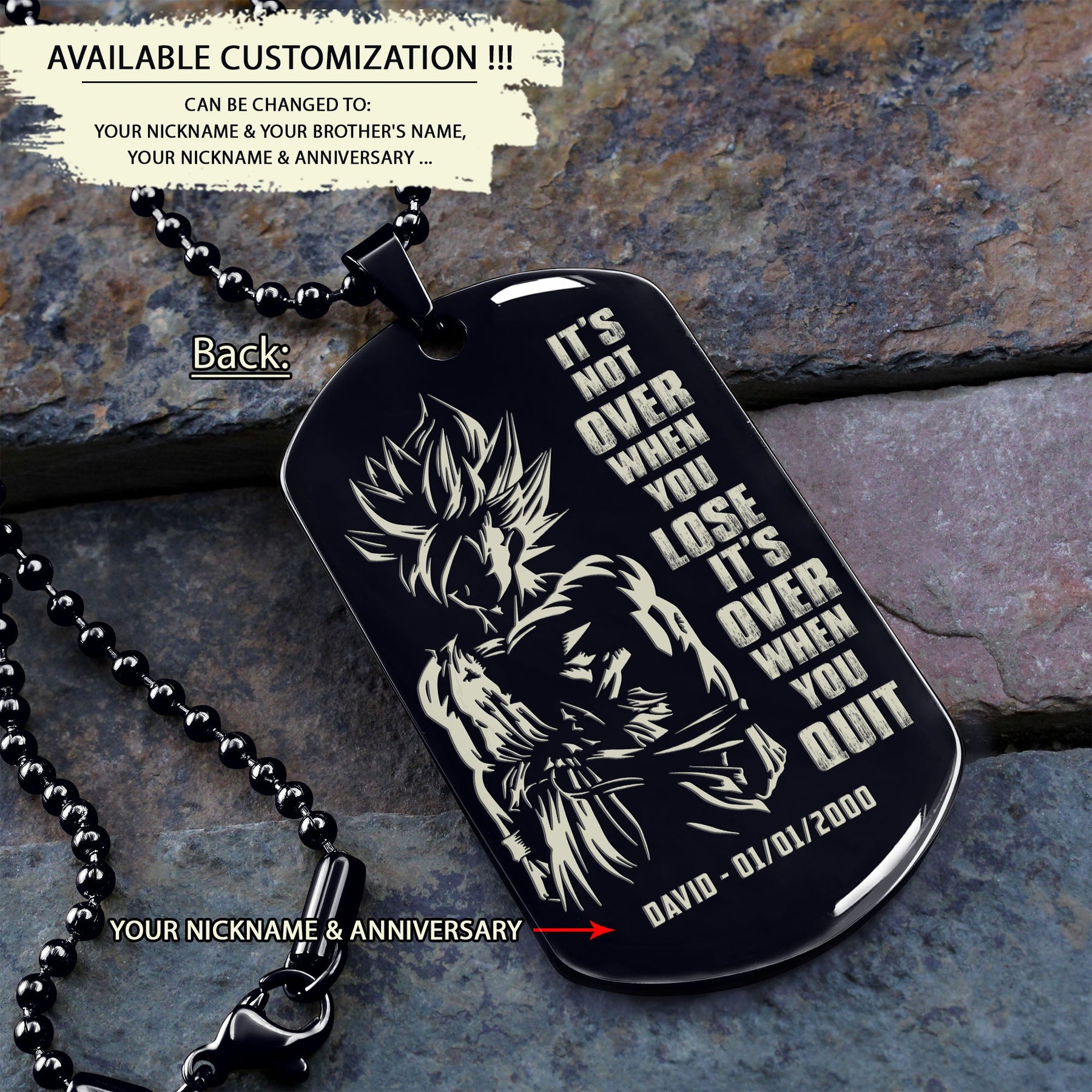 DRD024 - 5 Personal Customization Options - Call On Me Brother - It's Not Over When You Lose - Engrave Double Black Dog Tag