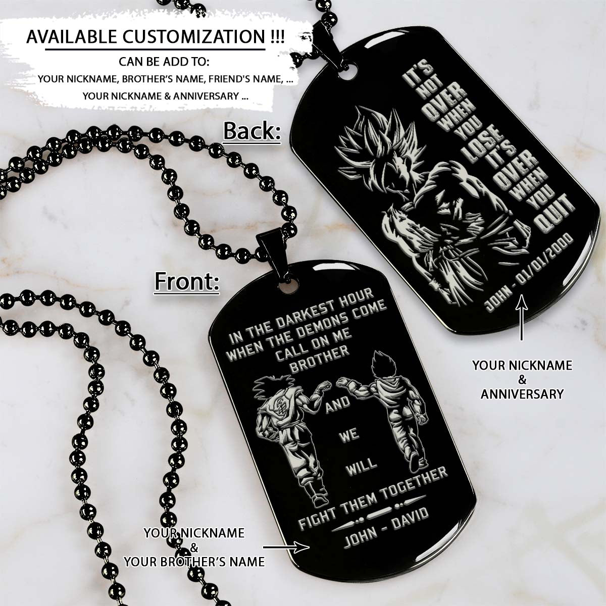 Dragon Ball Dog Tag - Call On Me Brother - It's Not Over When You Lose - Goku - Vegeta - Super Saiyan Blue - Dragon Ball Necklace - Engrave Dog Tag