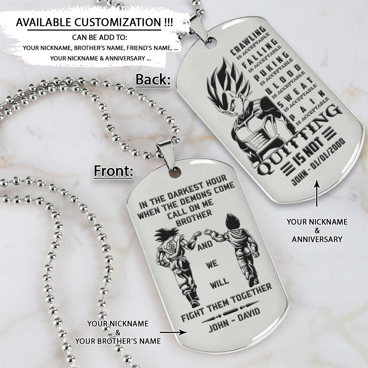 Dragon Ball Dog Tag - Call On Me Brother - Quitting Is Not - Goku - Vegeta - Dragon Ball Necklace - Engrave Dog Tag