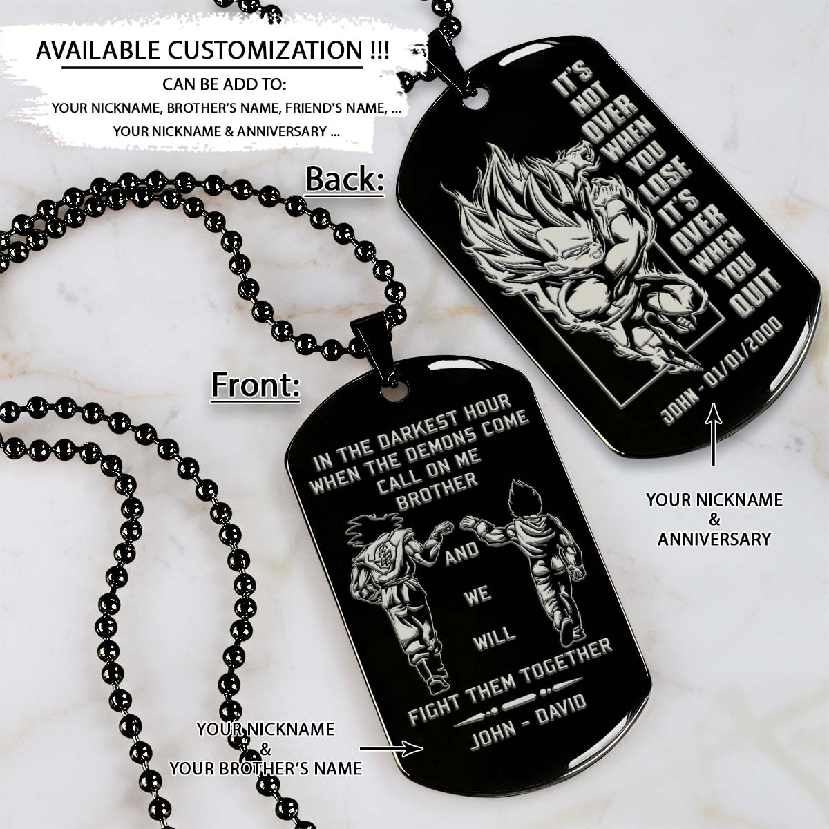 Dragon Ball Dog Tag - Call On Me Brother - It's Not Over When You Lose - Goku - Vegeta - Dragon Ball Necklace - Engrave Dog Tag