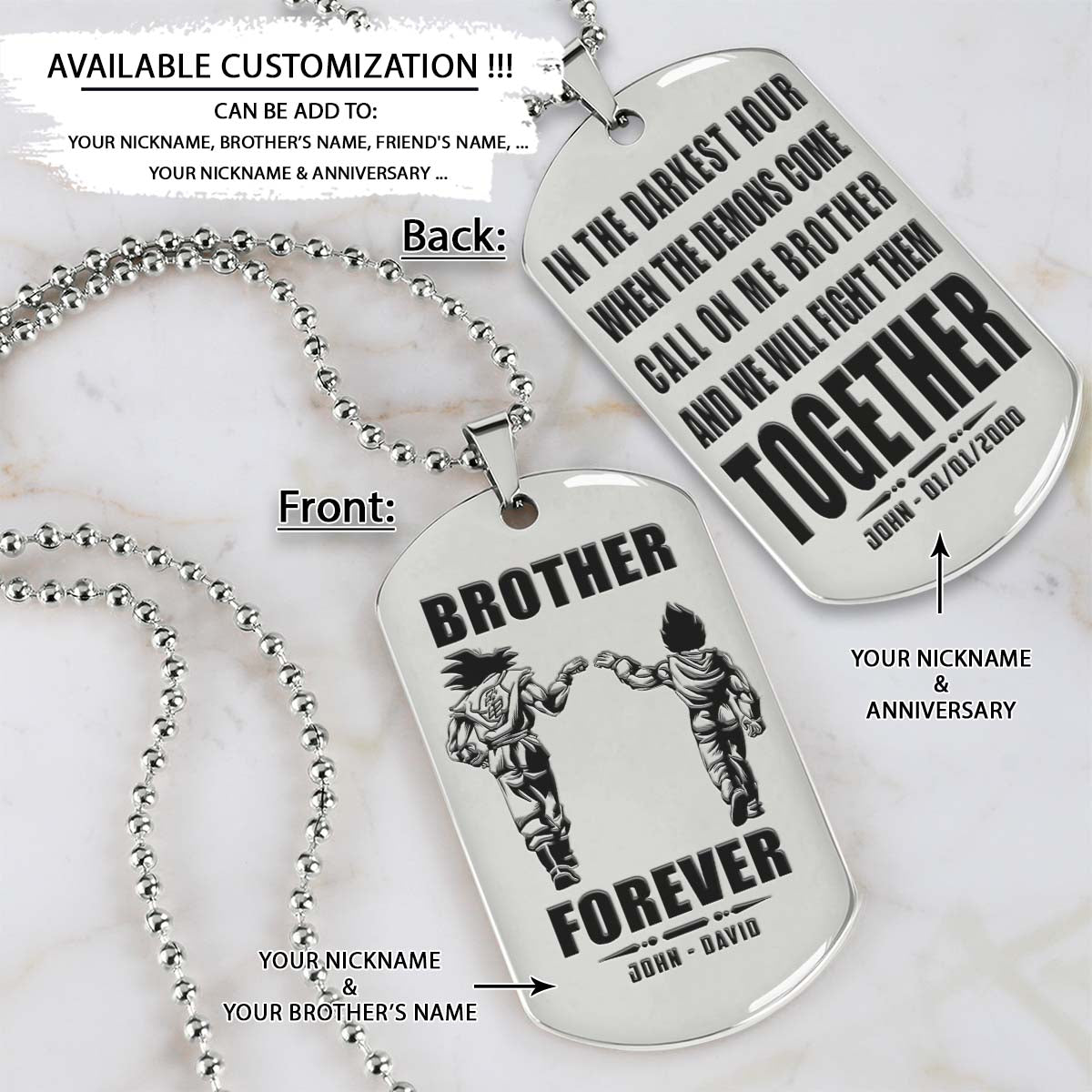 Dragon Ball Dog Tag - Brother Forever - Call On Me Brother - Goku - Vegeta - Dragon Ball Necklace - Engrave Dog Tag