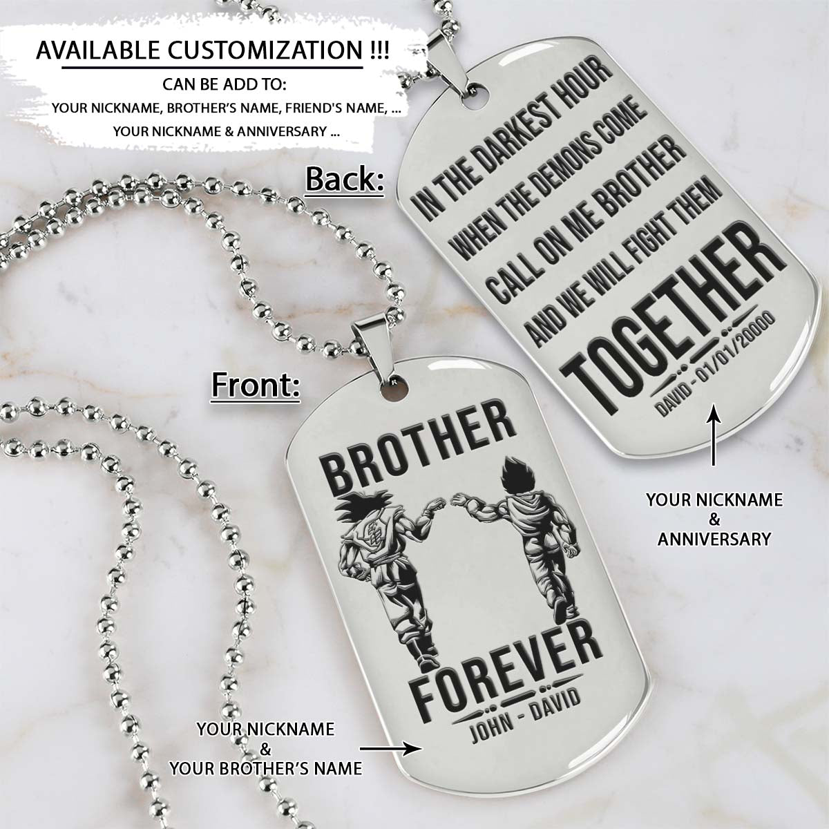 Dragon Ball Dog Tag - Brother Forever - Call On Me Brother - Goku - Vegeta - Dragon Ball Necklace - Engrave Dog Tag