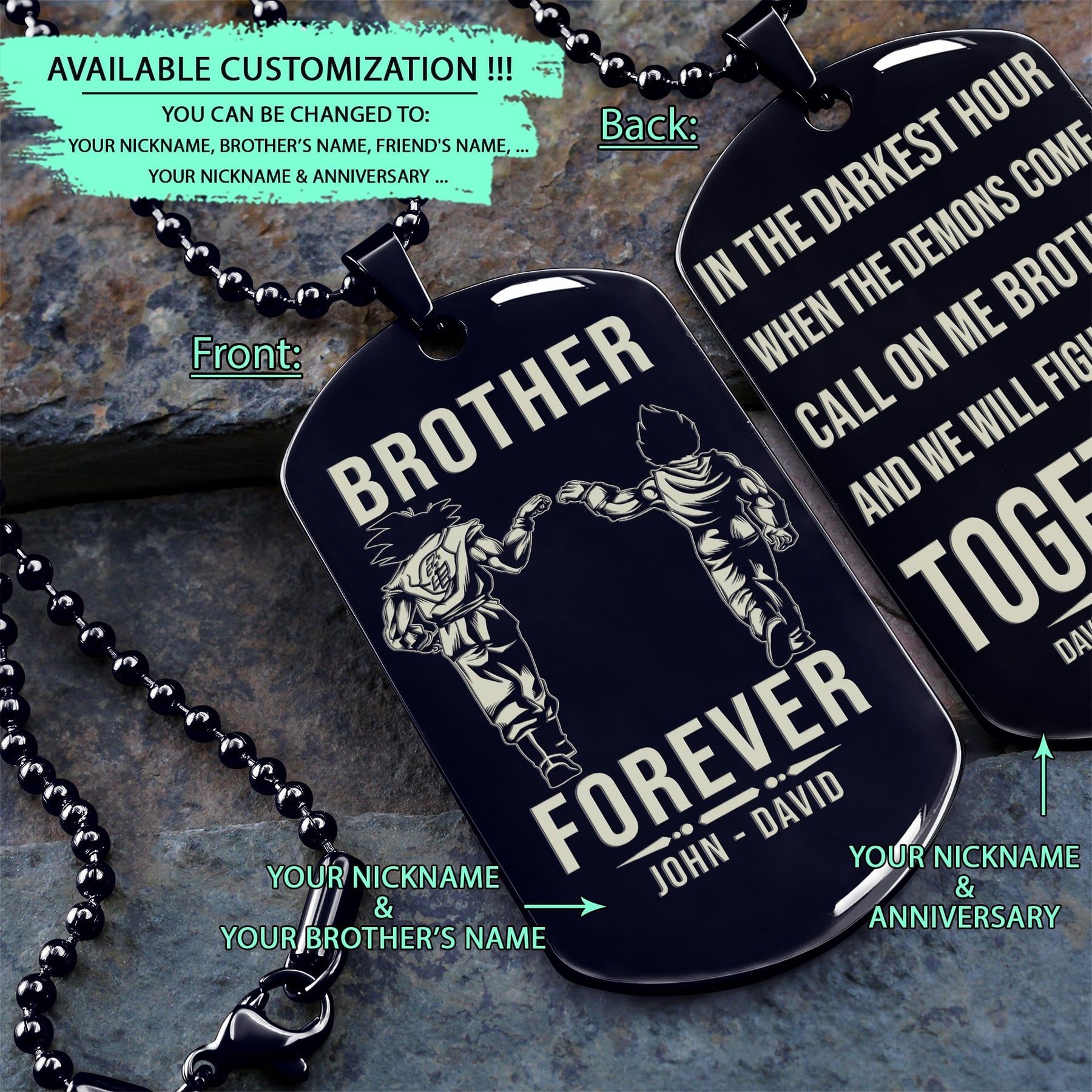 DRD039 - Brother Forever - Call On Me Brother - Goku - Vegeta - Dragon Ball Dog Tag - Double Side Engrave Black Dog Tag