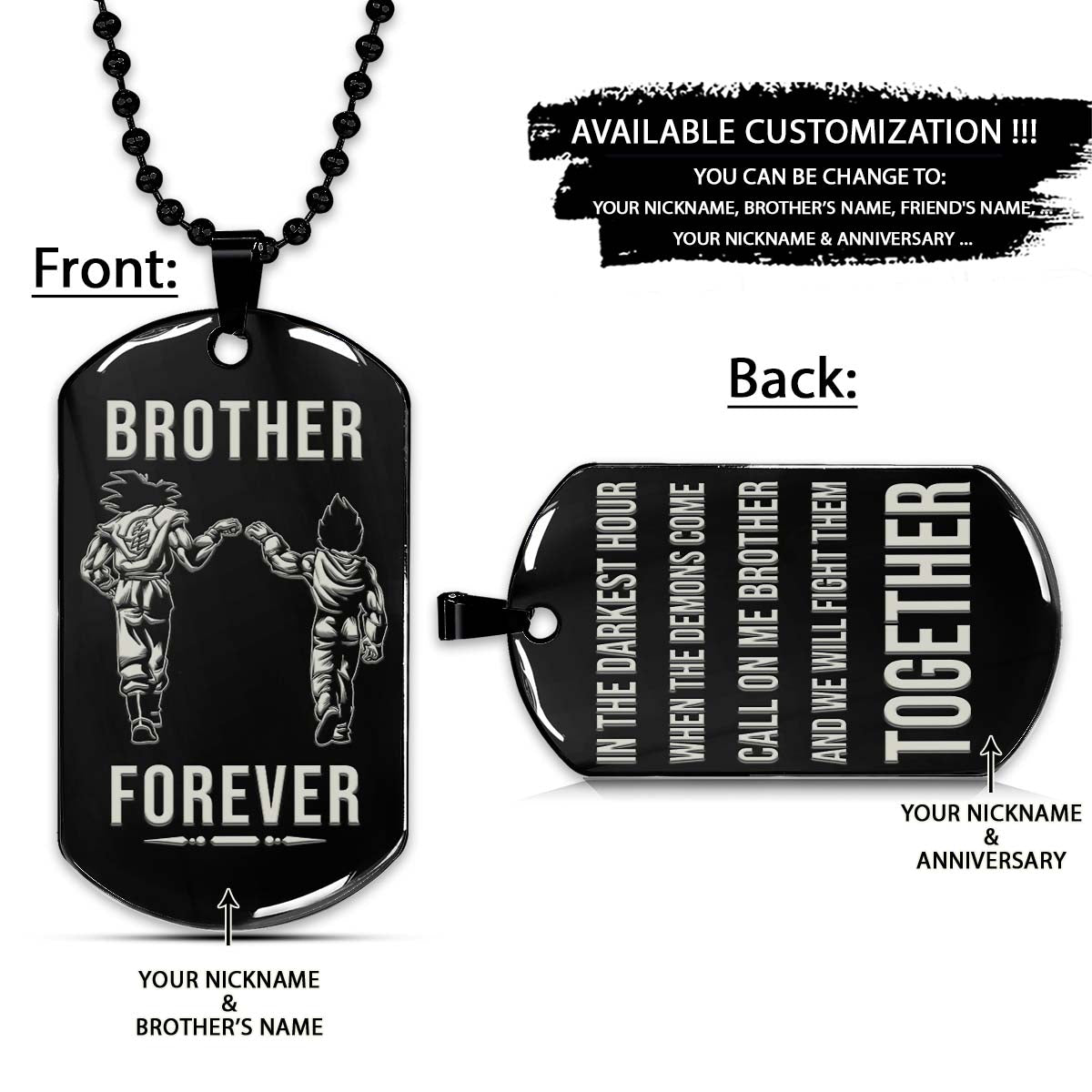 Dragon Ball Dog Tag - Brother Forever - Call On Me Brother - Goku - Vegeta - Dragon Ball Necklace - Engrave Dog Tag