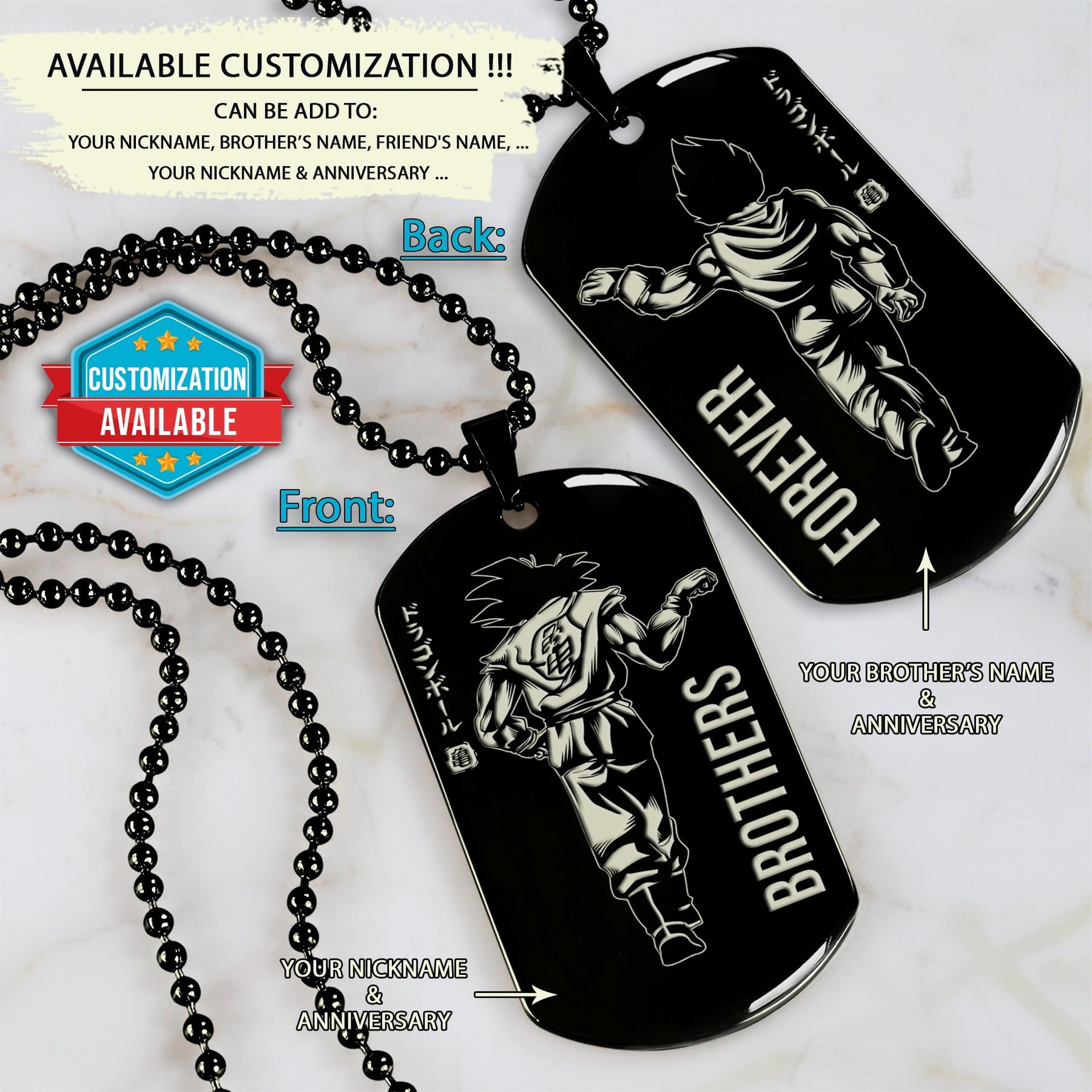 DRD041 - Brothers Forever - Goku - Vegeta - Dragon Ball Dog Tag - Double Sided Engraved Black Dog Tag