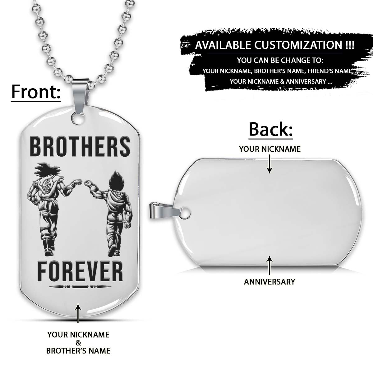 Dragon Ball Dog Tag - Brothers Forever - Goku - Vegeta - Dragon Ball Necklace - Engrave Dog Tag