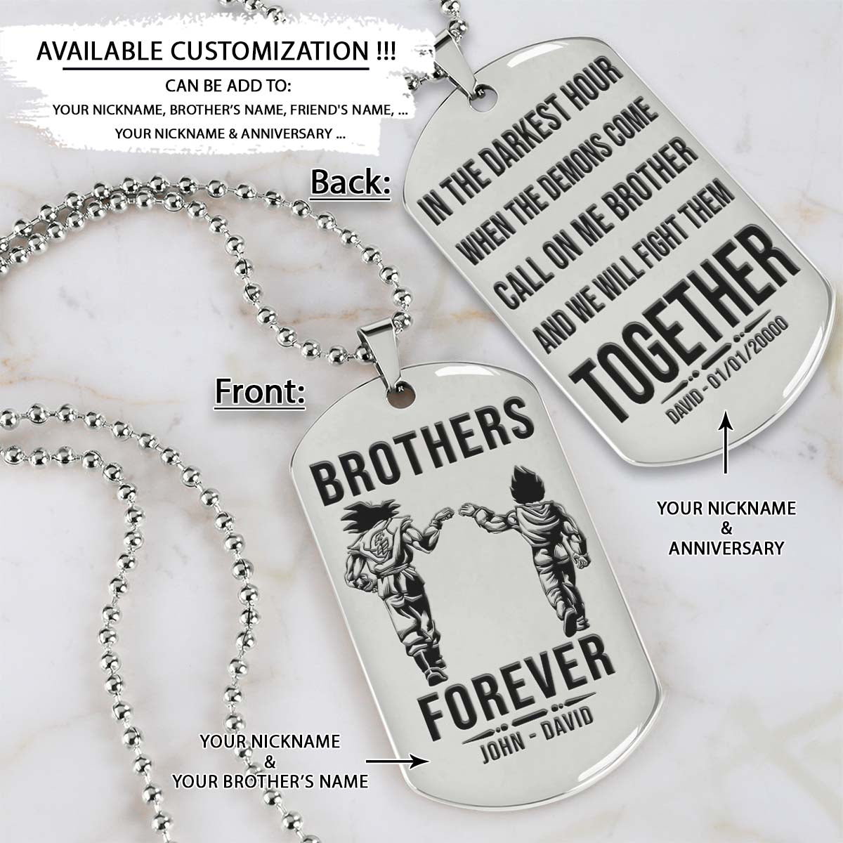 Dragon Ball Dog Tag - Brothers Forever - Call On Me Brother - Goku - Vegeta - Dragon Ball Necklace - Engrave Dog Tag