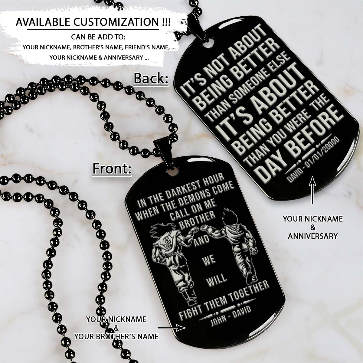Dragon Ball Dog Tag - Call On Me Brother - It's About Being Better Than You Were The Day Before - Goku - Vegeta - Dragon Ball Necklace - Engrave Dog Tag