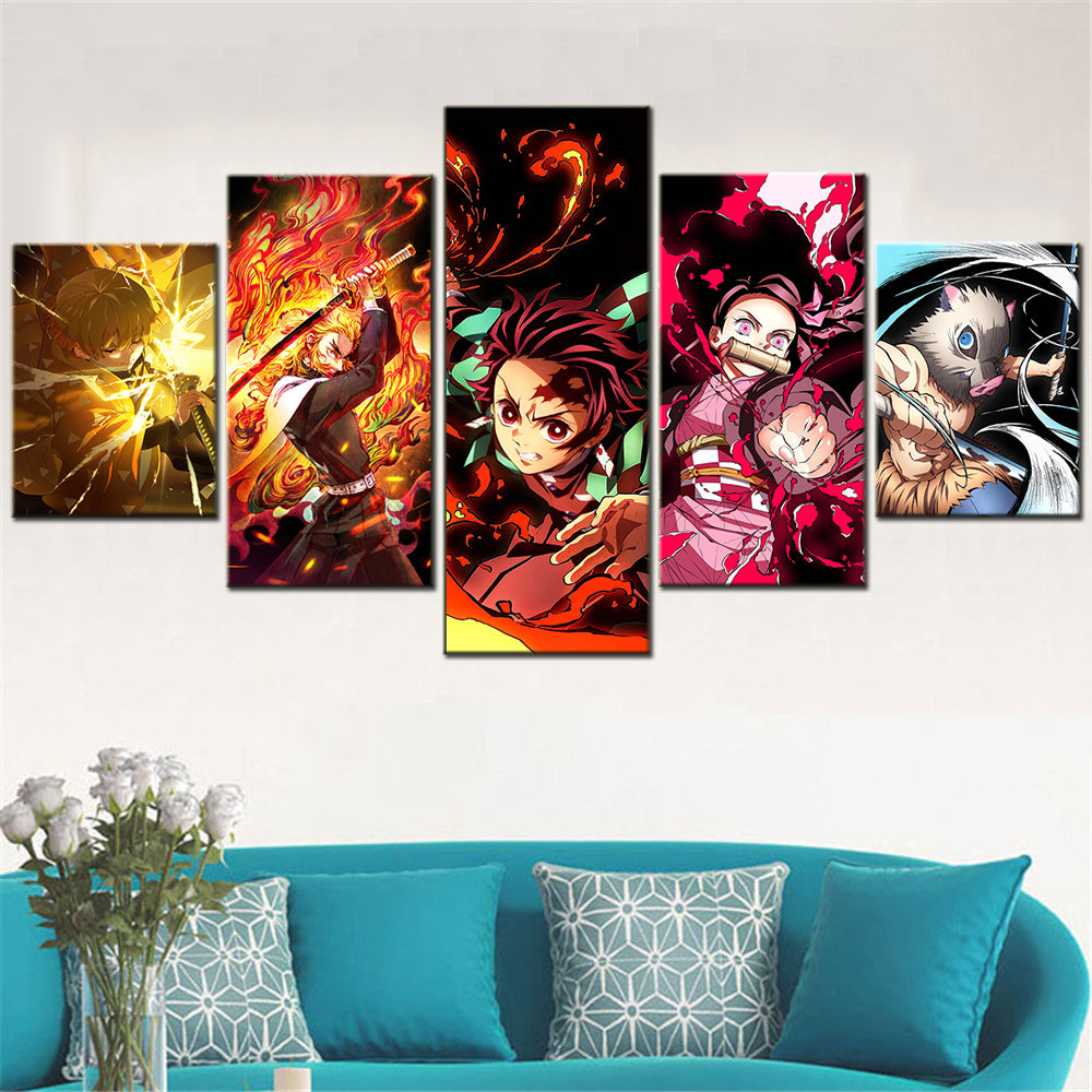 Demon Slayer - Kimetsu no Yaiba - 5 Pieces Wall Art - Zenitsu Agatsuma - Kyojuro Rengoku - Tanjiro Kamado - Nezuko Kamado - Inosuke Hashibira - Demon Slayer Poster - Demon Slayer Wall Art