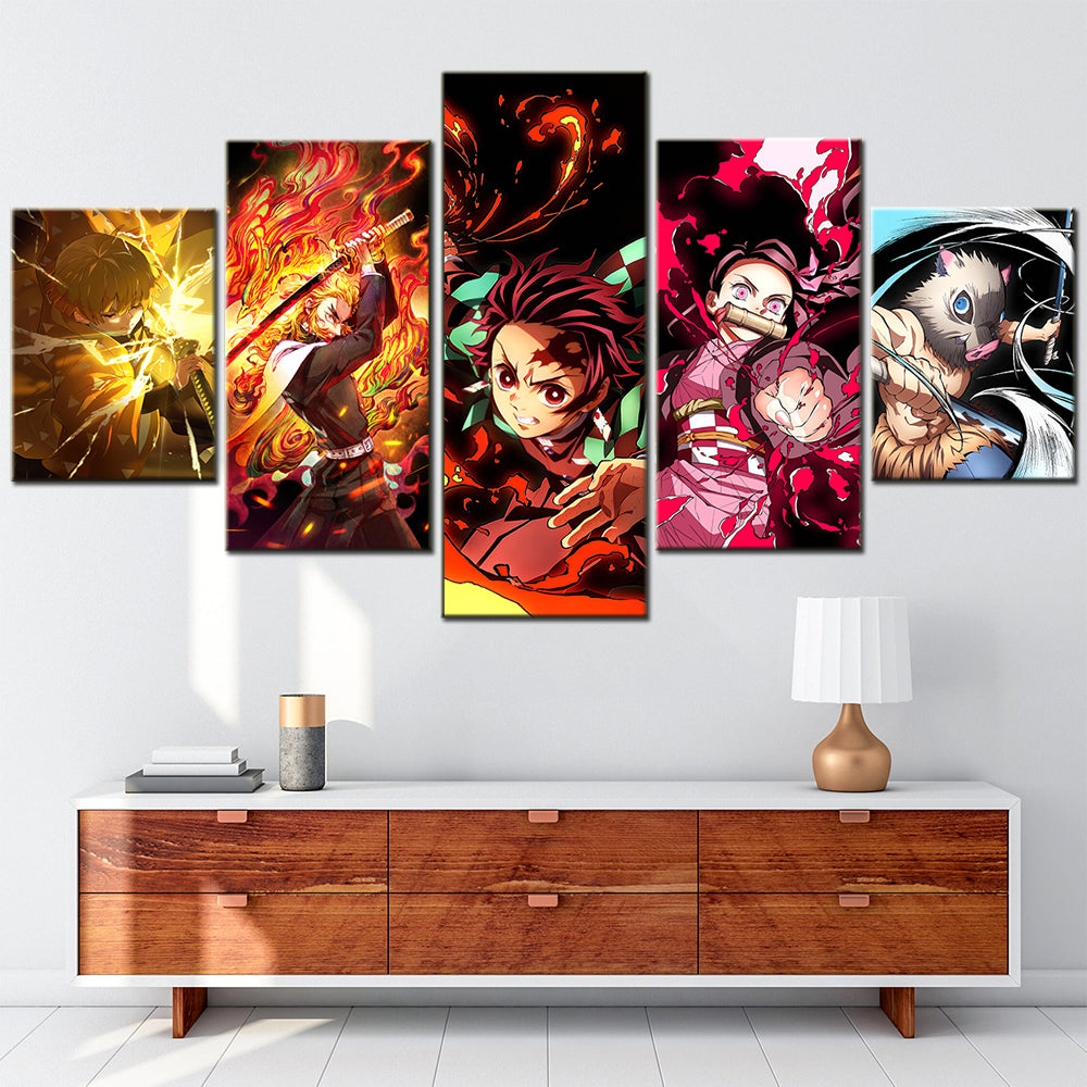 Demon Slayer - Kimetsu no Yaiba - 5 Pieces Wall Art - Zenitsu Agatsuma - Kyojuro Rengoku - Tanjiro Kamado - Nezuko Kamado - Inosuke Hashibira - Demon Slayer Poster - Demon Slayer Wall Art