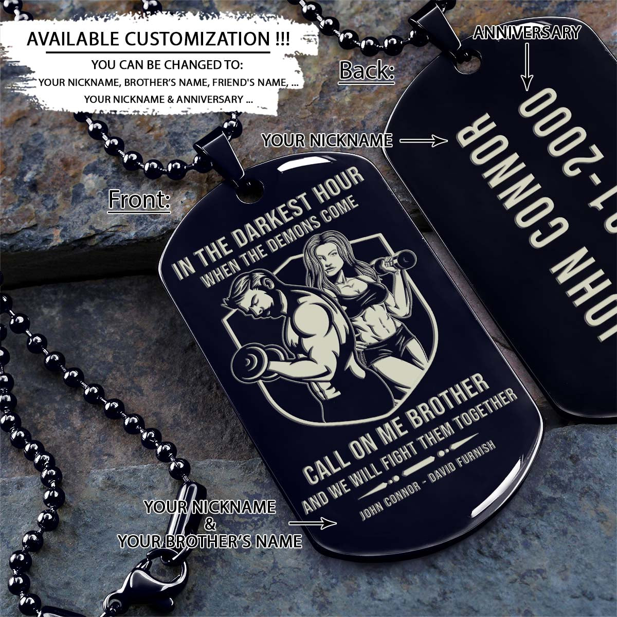 GYMD002 - Call On Me Brother - Gym - Fitness Center - Workout - Gym Dog Tag - Gym Necklace - Black Engrave Dog Tag