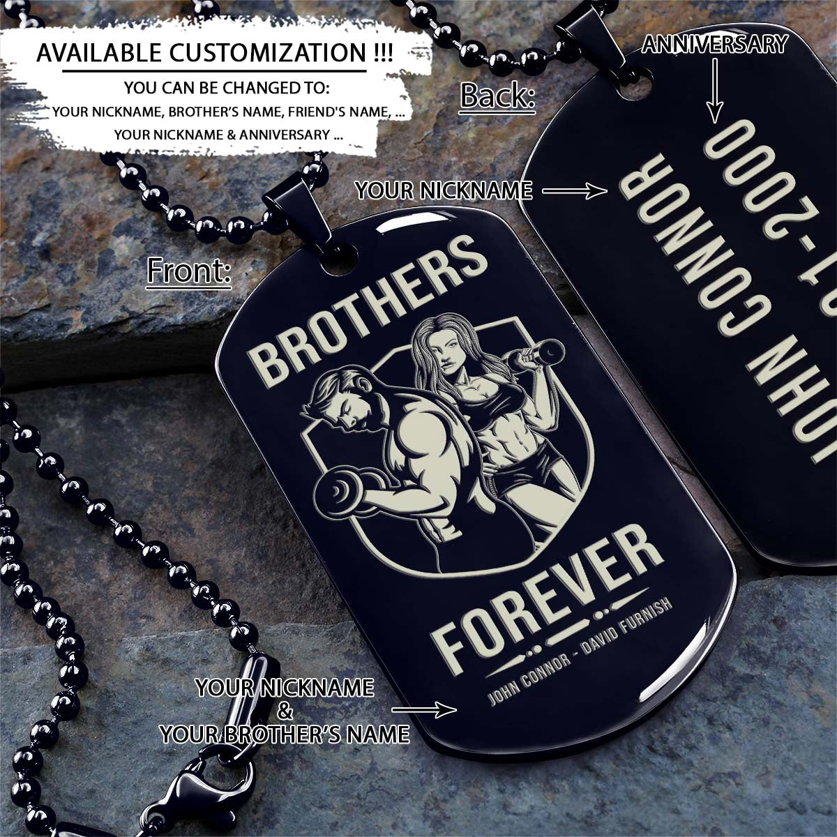 GYMD004 - Brothers Forever - Gym - Fitness Center - Workout - Gym Dog Tag - Gym Necklace - Black Engrave Dog Tag