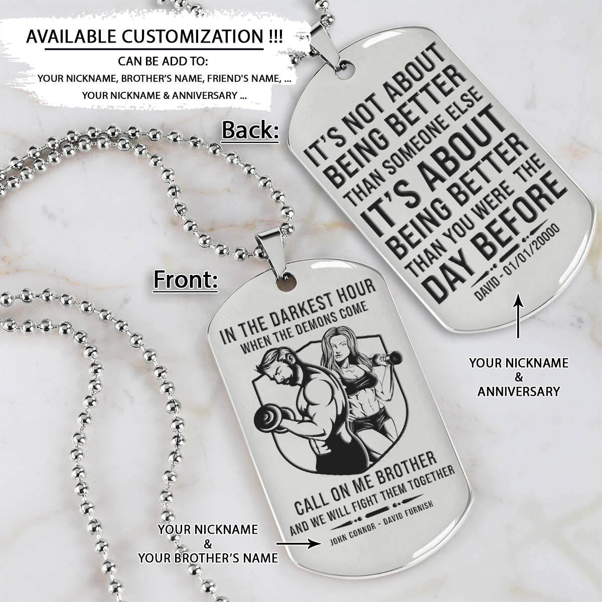 GYMD007 - Call On Me Brother - It's About Being Better Than You Were The Day Before - Gym - Fitness Center - Workout - Gym Dog Tag - Gym Necklace - Silver Engrave Dog Tag