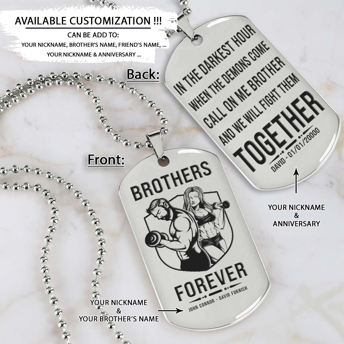 GYMD010 - Brothers Forever - Call On Me Brother - Gym - Fitness Center - Workout - Gym Dog Tag - Gym Necklace - Silver Engrave Dog Tag