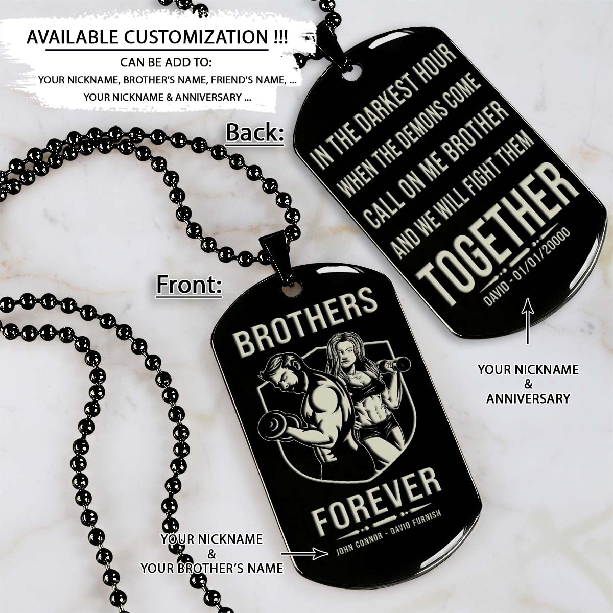 GYMD012 - Brothers Forever - Call On Me Brother - Gym - Fitness Center - Workout - Gym Dog Tag - Gym Necklace - Black Engrave Dog Tag