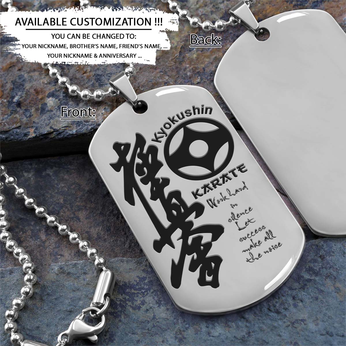 Karate Dog Tag - Work Hard In Silence - Kyokushin Karate - Karate Necklace - Engrave Dog Tag