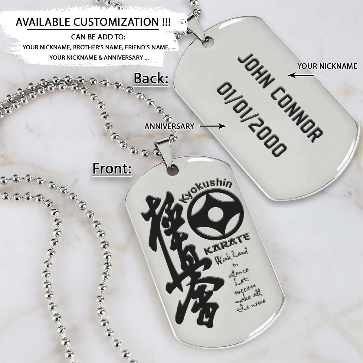 Karate Dog Tag - Work Hard In Silence - Kyokushin Karate - Karate Necklace - Engrave Dog Tag