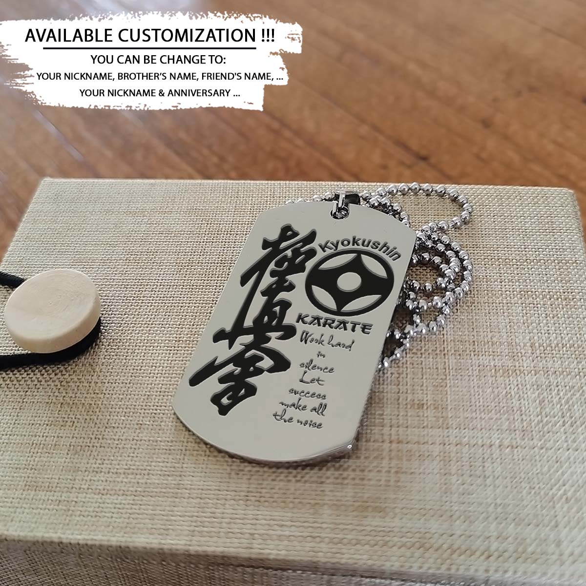 Karate Dog Tag - Work Hard In Silence - Kyokushin Karate - Karate Necklace - Engrave Dog Tag