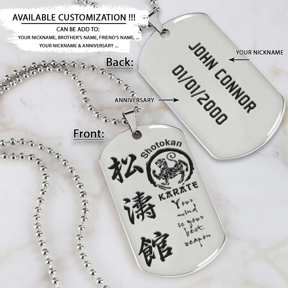 Karate Dog Tag - Your Mind Is Your Best Weapon - Shotokan Karate - Karate Necklace - Engrave Dog Tag