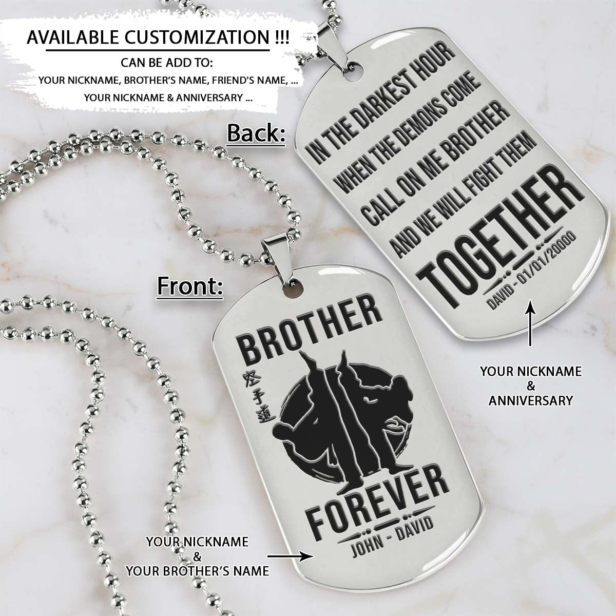 Karate Dog Tag - Brother Forever - Call On Me Brother - Karatedo - Shotokan - Kyokushin - Goju-ryu - Uechi-ryu - Wado-ryu - Shito-ryu - Karate Necklace - Engrave Dog Tag