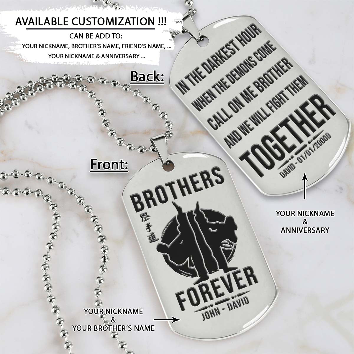 Karate Dog Tag - Brothers Forever - Call On Me Brother - Karatedo - Shotokan - Kyokushin - Goju-ryu - Uechi-ryu - Wado-ryu - Shito-ryu - Karate Necklace - Engrave Dog Tag