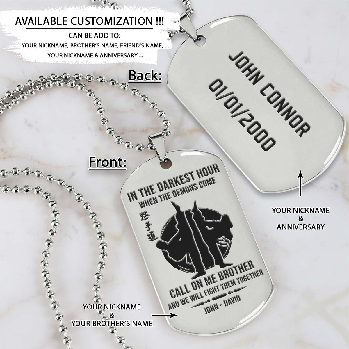 Karate Dog Tag - Call On Me Brother - Karatedo - Shotokan - Kyokushin - Goju-ryu - Uechi-ryu - Wado-ryu - Shito-ryu - Karate Necklace - Engrave Dog Tag