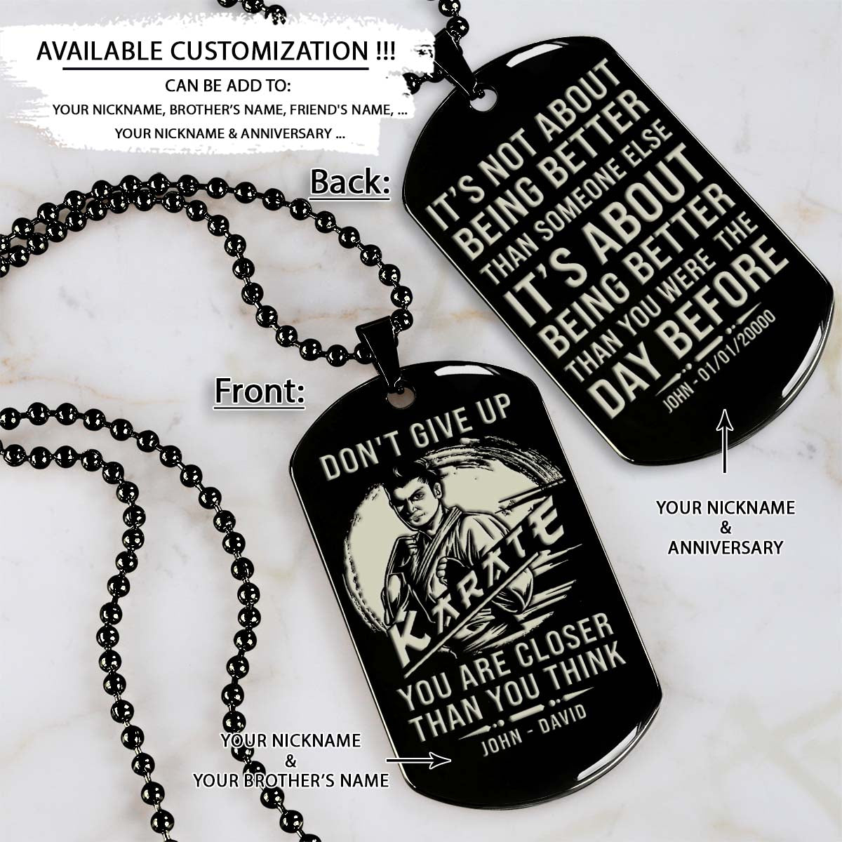 Karate Dog Tag - It's Don't Give Up - It's About Being Better Than You Were The Day Before - Karate Necklace - Engrave Dog Tag