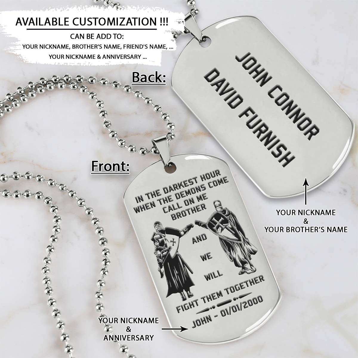 Knight Templar Dog Tag - Call On Me Brother - Crusades - Chivalry - Religious Zeal - Templar Wealth - Mysterious Legacy - Knight Templar Necklace - Engrave Dog Tag