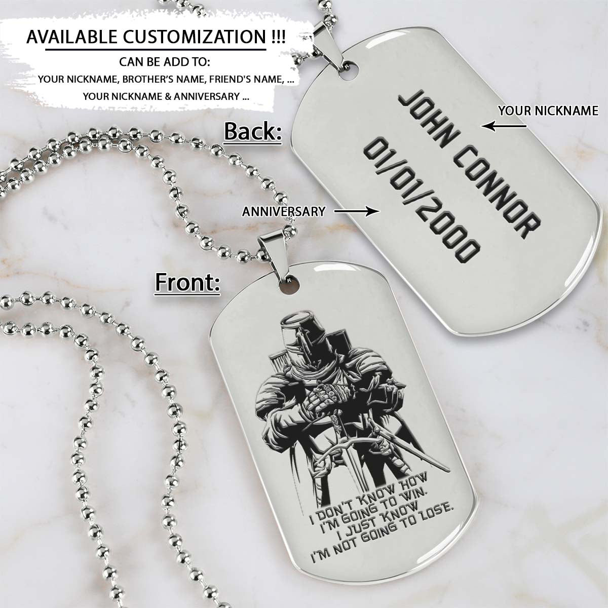 Knight Templar Dog Tag - I'm Not Going To Lose - Crusades - Chivalry - Religious Zeal - Templar Wealth - Mysterious Legacy - Knight Templar Necklace - Engrave Dog Tag