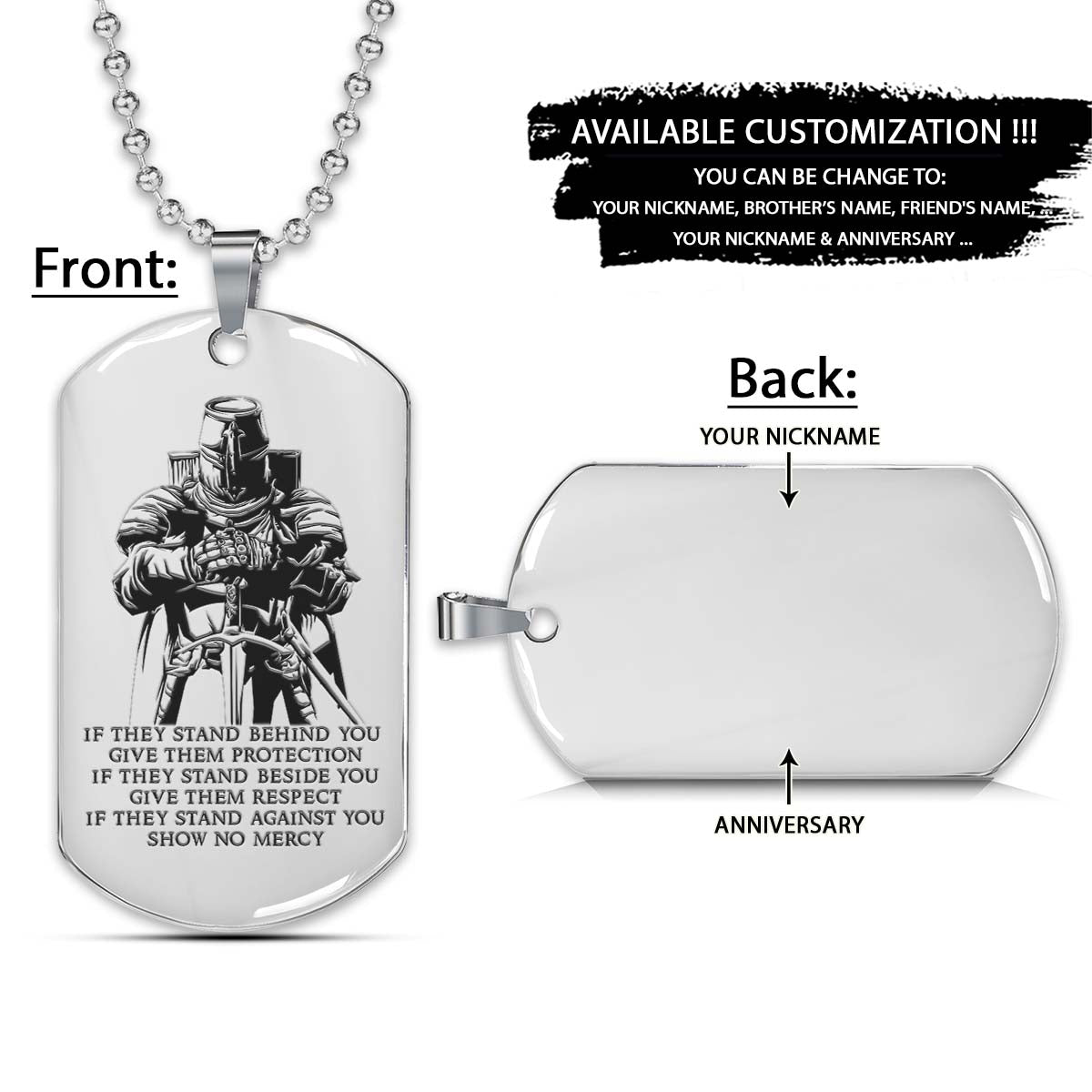 Knight Templar Dog Tag - IF - Show No Mercy - Crusades - Chivalry - Religious Zeal - Templar Wealth - Mysterious Legacy - Knight Templar Necklace - Engrave Dog Tag