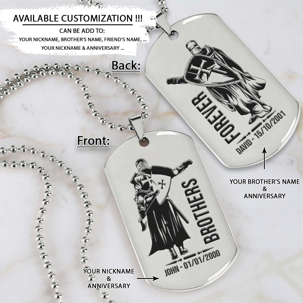 Knight Templar Dog Tag - Brothers Forever - Crusades - Chivalry - Religious Zeal - Templar Wealth - Mysterious Legacy - Knight Templar Necklace - Engrave Dog Tag