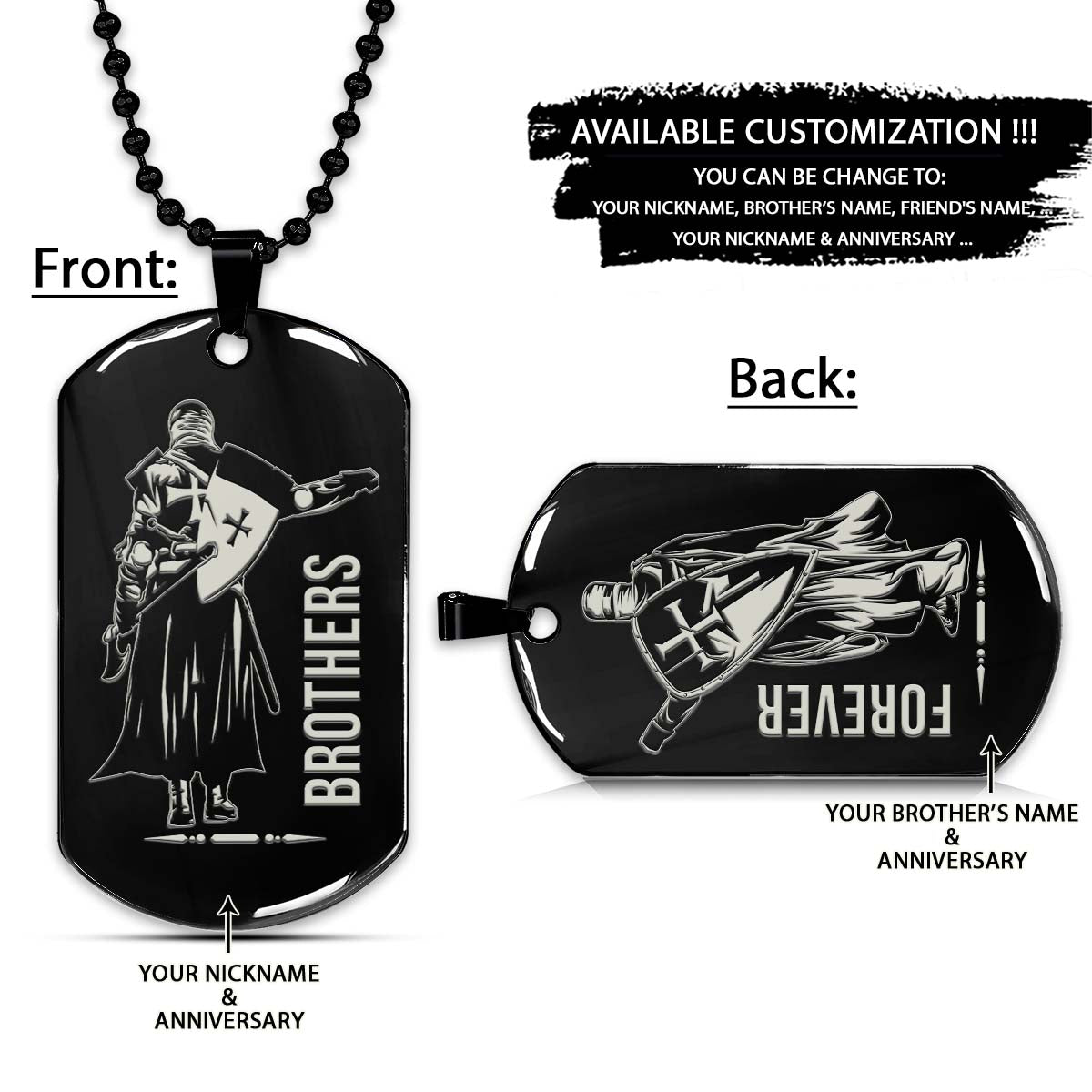 Knight Templar Dog Tag - Brothers Forever - Crusades - Chivalry - Religious Zeal - Templar Wealth - Mysterious Legacy - Knight Templar Necklace - Engrave Dog Tag