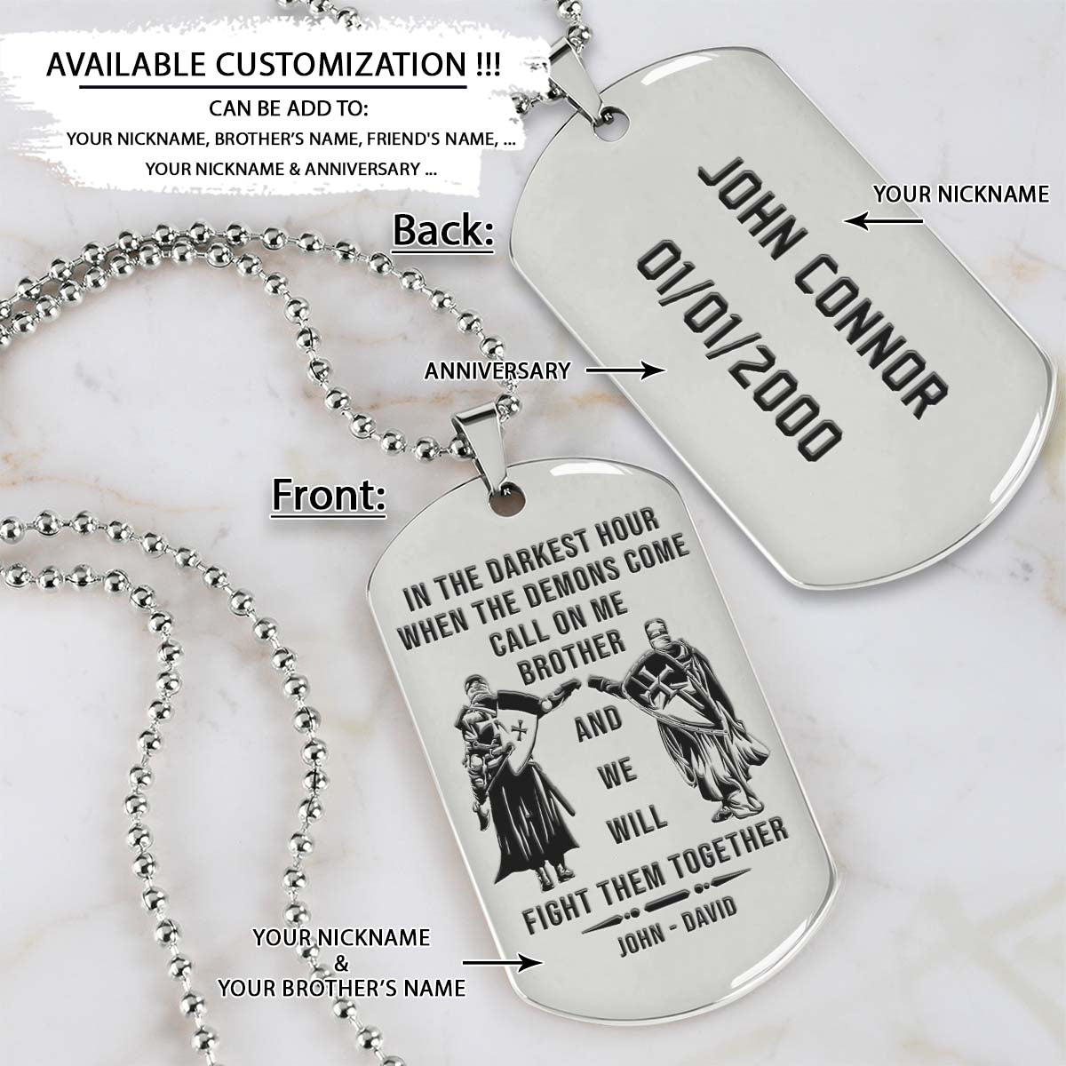 Knight Templar Dog Tag - Call On Me Brother - Crusades - Chivalry - Religious Zeal - Templar Wealth - Mysterious Legacy - Knight Templar Necklace - Engrave Dog Tag