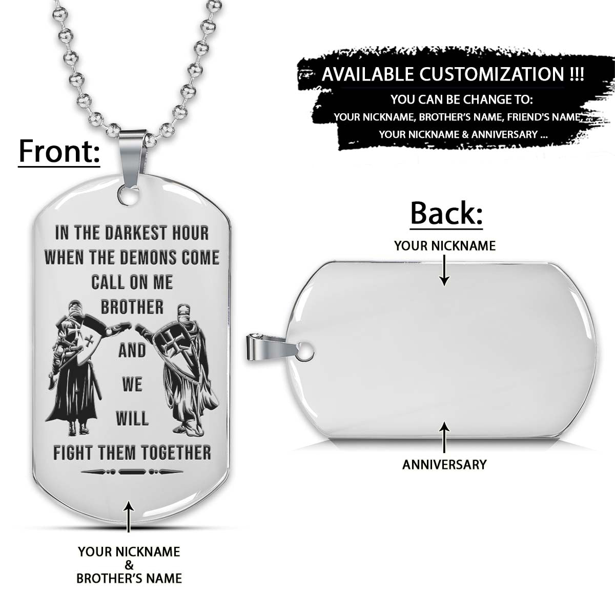 Knight Templar Dog Tag - Call On Me Brother - Crusades - Chivalry - Religious Zeal - Templar Wealth - Mysterious Legacy - Knight Templar Necklace - Engrave Dog Tag