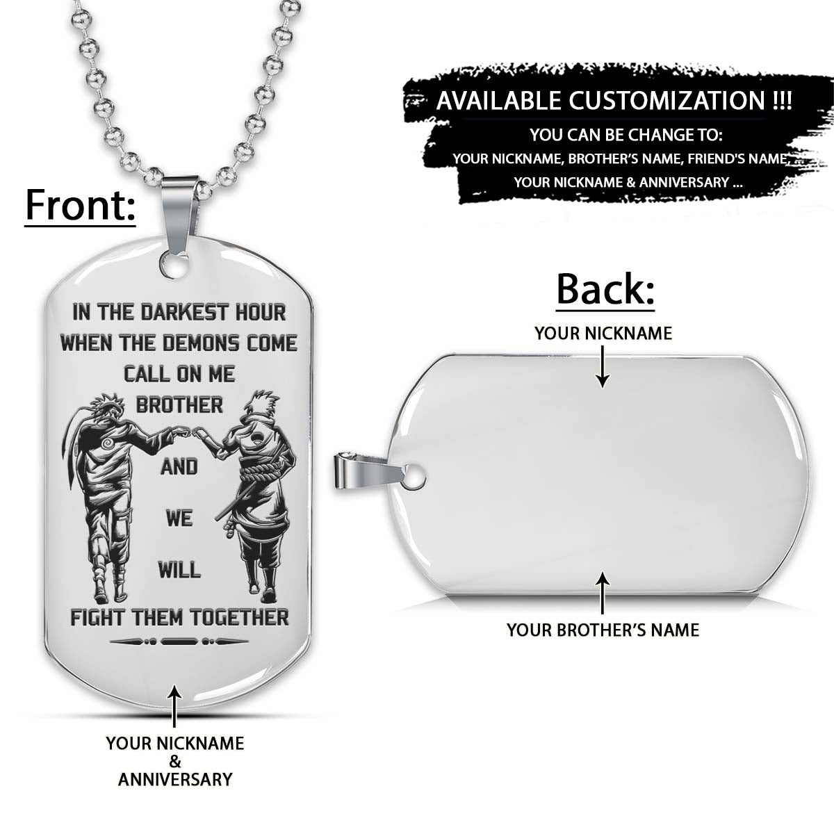 Naruto Dog Tag - Call On Me Brother - Uzumaki Naruto - Uchiha Sasuke - Naruto Necklace - Engrave Dog Tag