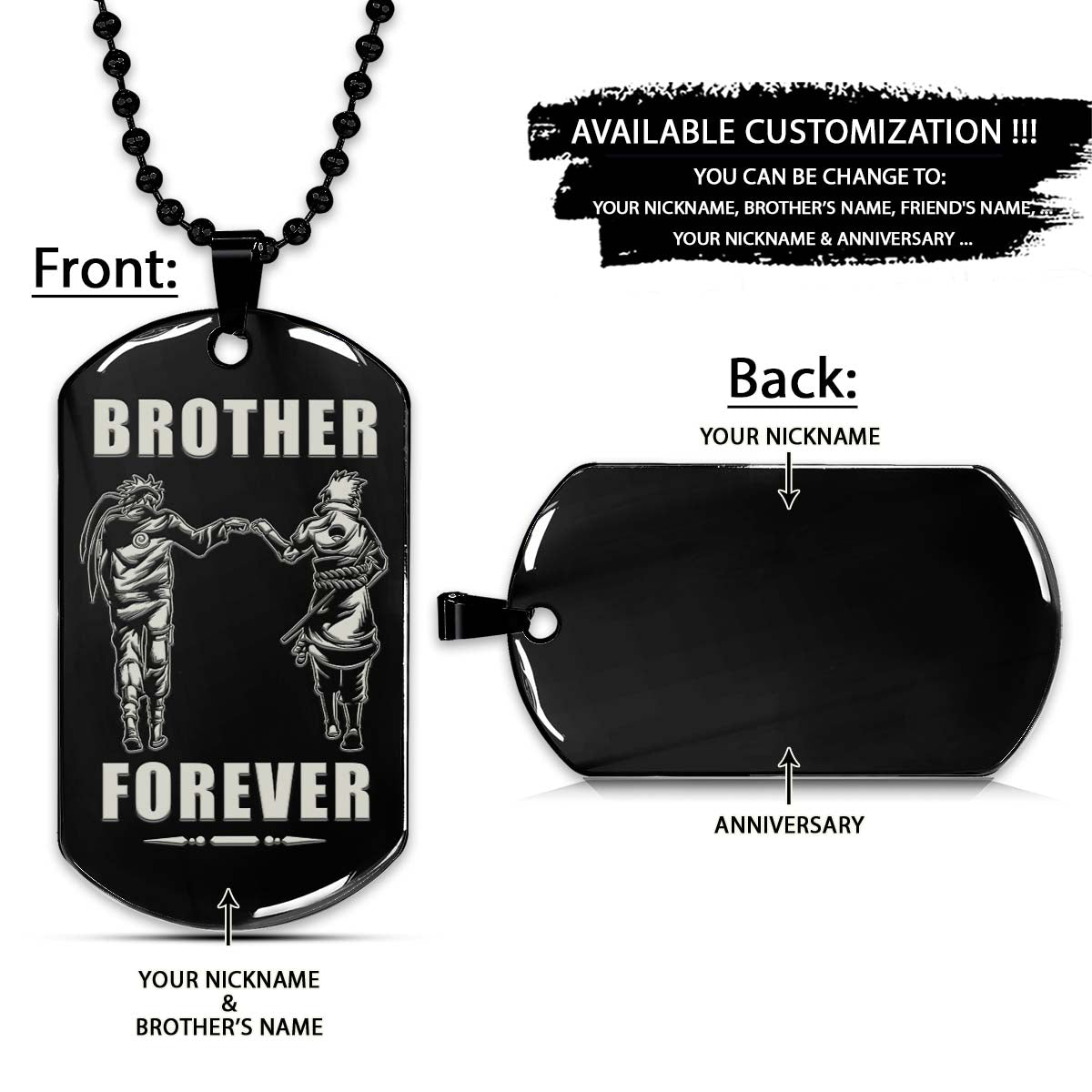 Naruto Dog Tag - Brother Forever - Uzumaki Naruto - Uchiha Sasuke - Naruto Necklace - Engrave Dog Tag