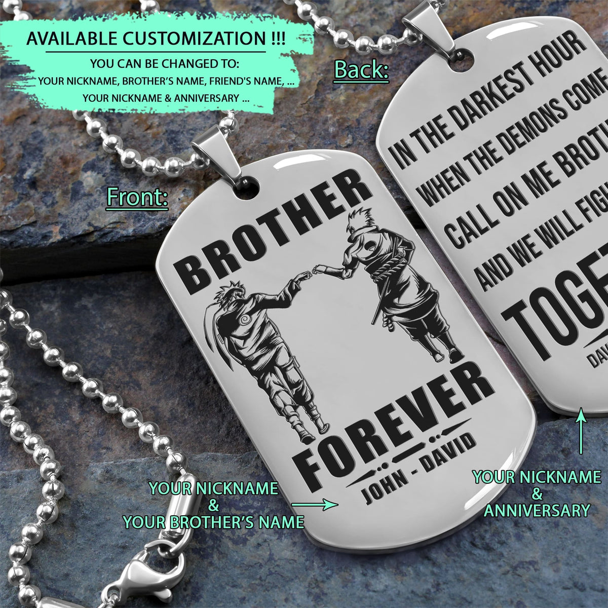 NAD024 - Brother Forever - Call On Me Brother - Uzumaki Naruto - Uchiha Sasuke - Naruto Dog Tag - Engrave Double Side Silver Dog Tag