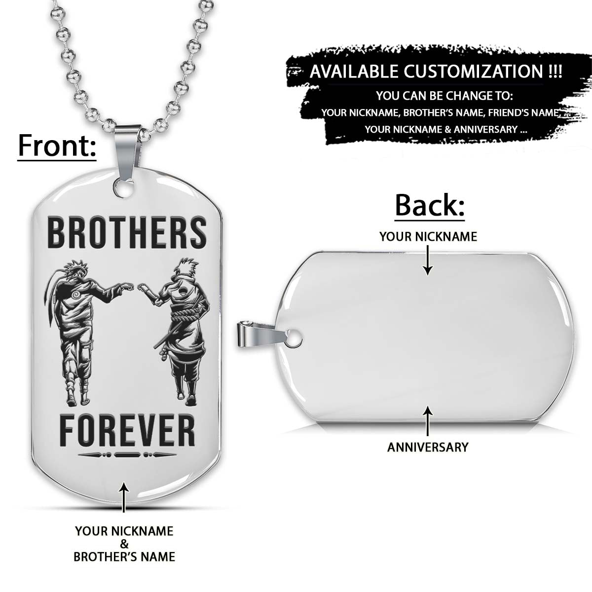 Naruto Dog Tag - Brothers Forever - Uzumaki Naruto - Uchiha Sasuke - Naruto Necklace - Engrave Dog Tag