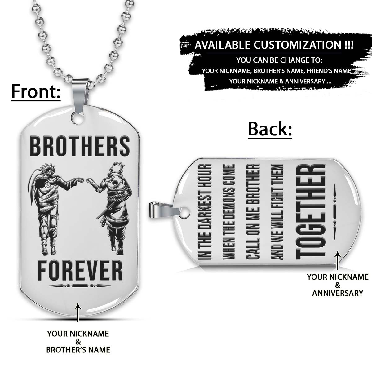 Naruto Dog Tag - Brothers Forever - Call On Me Brother - Uzumaki Naruto - Uchiha Sasuke - Naruto Necklace - Engrave Dog Tag