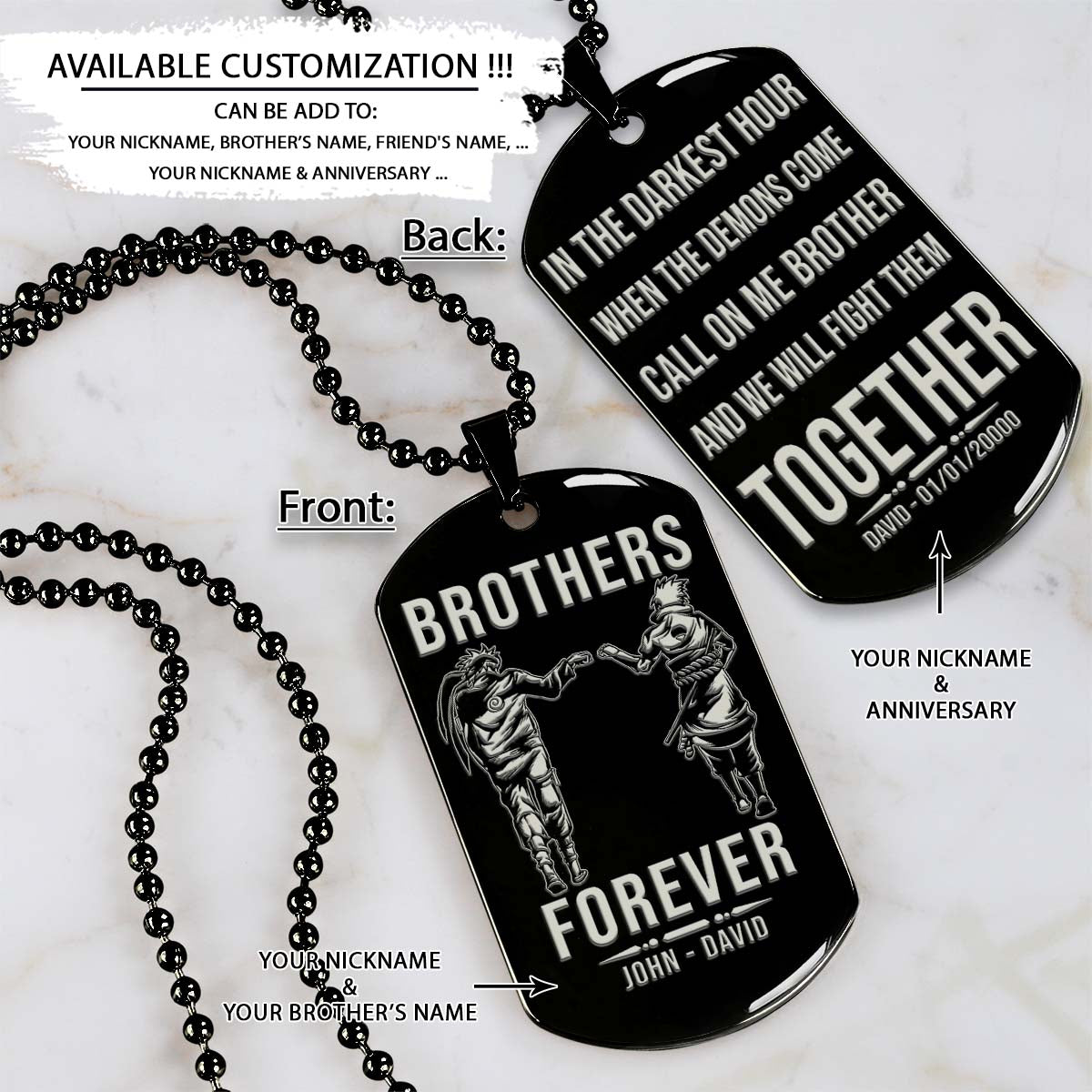 Naruto Dog Tag - Brothers Forever - Call On Me Brother - Uzumaki Naruto - Uchiha Sasuke - Naruto Necklace - Engrave Dog Tag