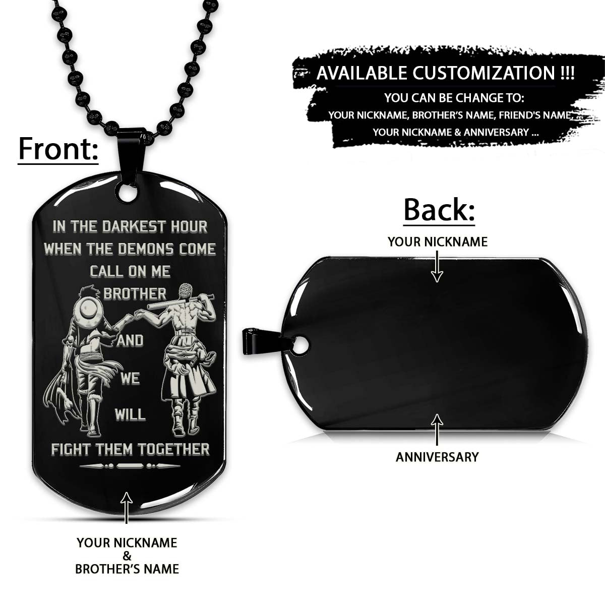 One Piece Dog Tag - Call On Me Brother - Monkey D. Luffy - Roronoa Zoro - One Piece Necklace - Engrave Dog Tag