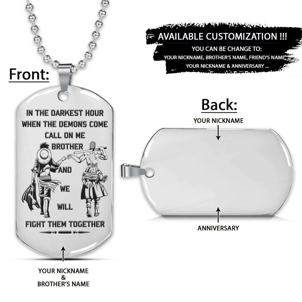 One Piece Dog Tag - Call On Me Brother - Monkey D. Luffy - Roronoa Zoro - One Piece Necklace - Engrave Dog Tag