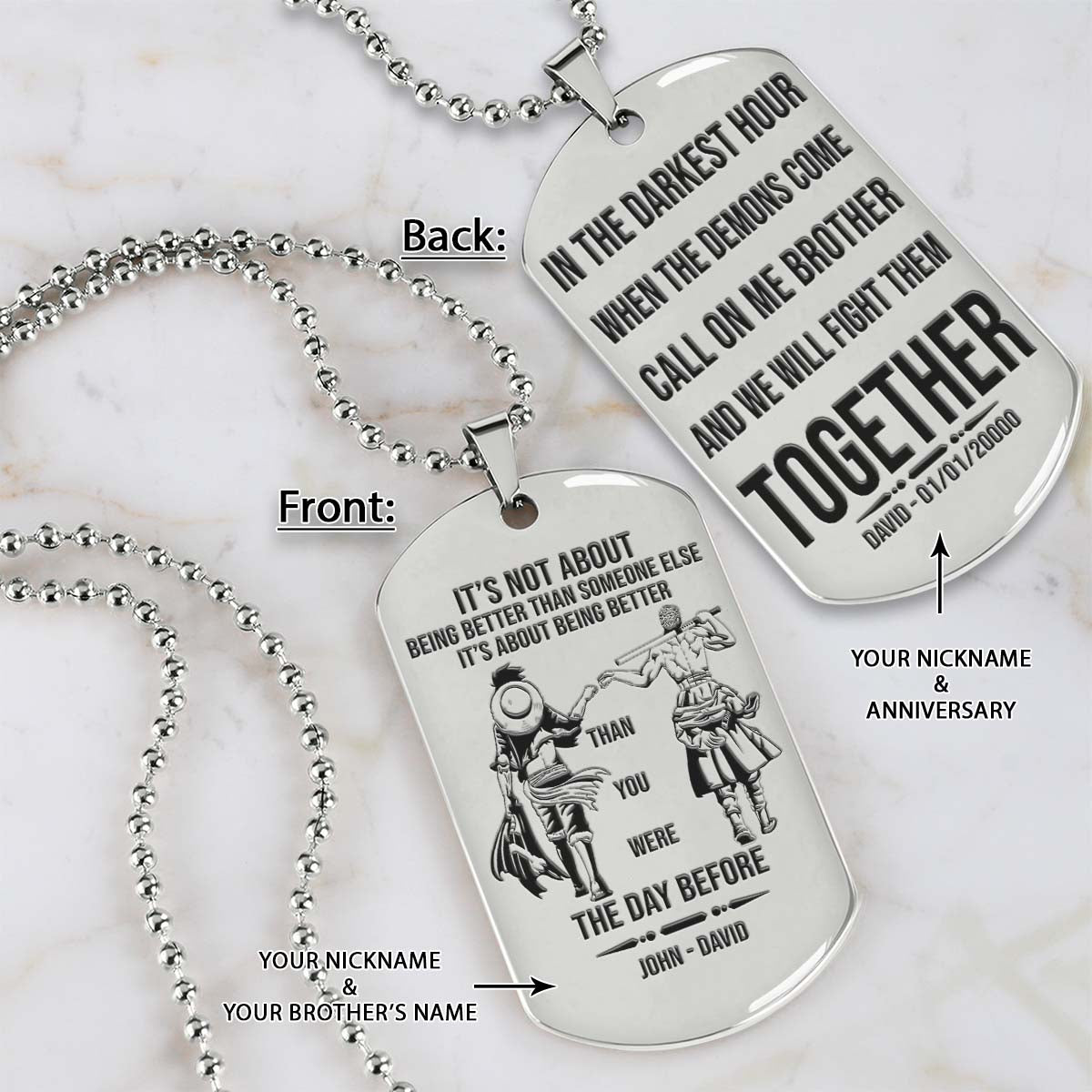 One Piece Dog Tag - Call On Me Brother - It's About Being Better Than You Were The Day Before - Monkey D. Luffy - Roronoa Zoro - One Piece Necklace - Engrave Dog Tag