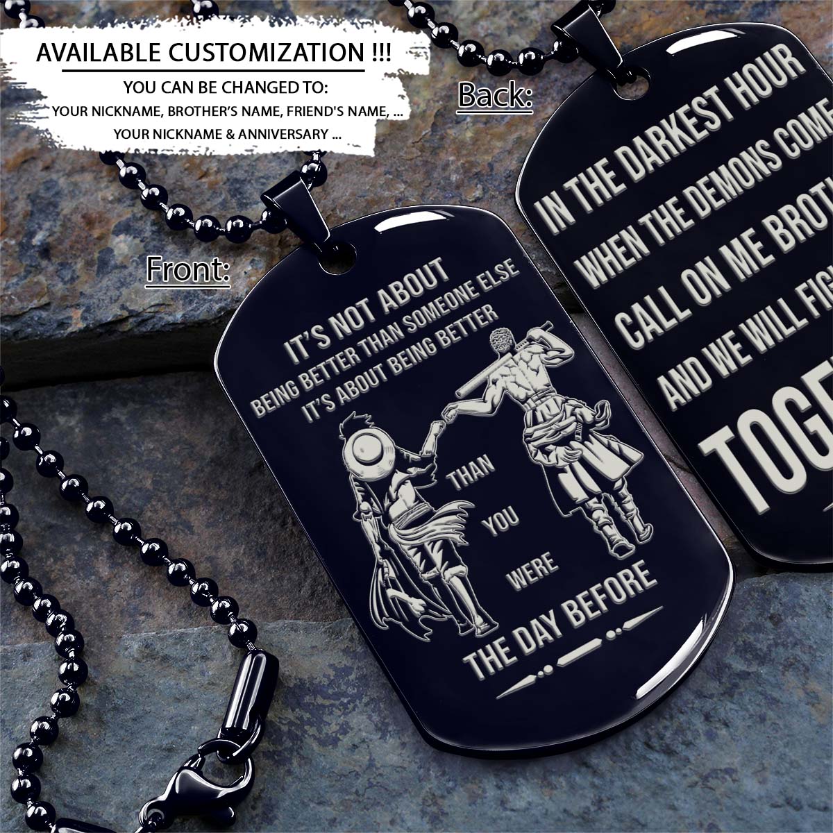 One Piece Dog Tag - Call On Me Brother - It's About Being Better Than You Were The Day Before - Monkey D. Luffy - Roronoa Zoro - One Piece Necklace - Engrave Dog Tag