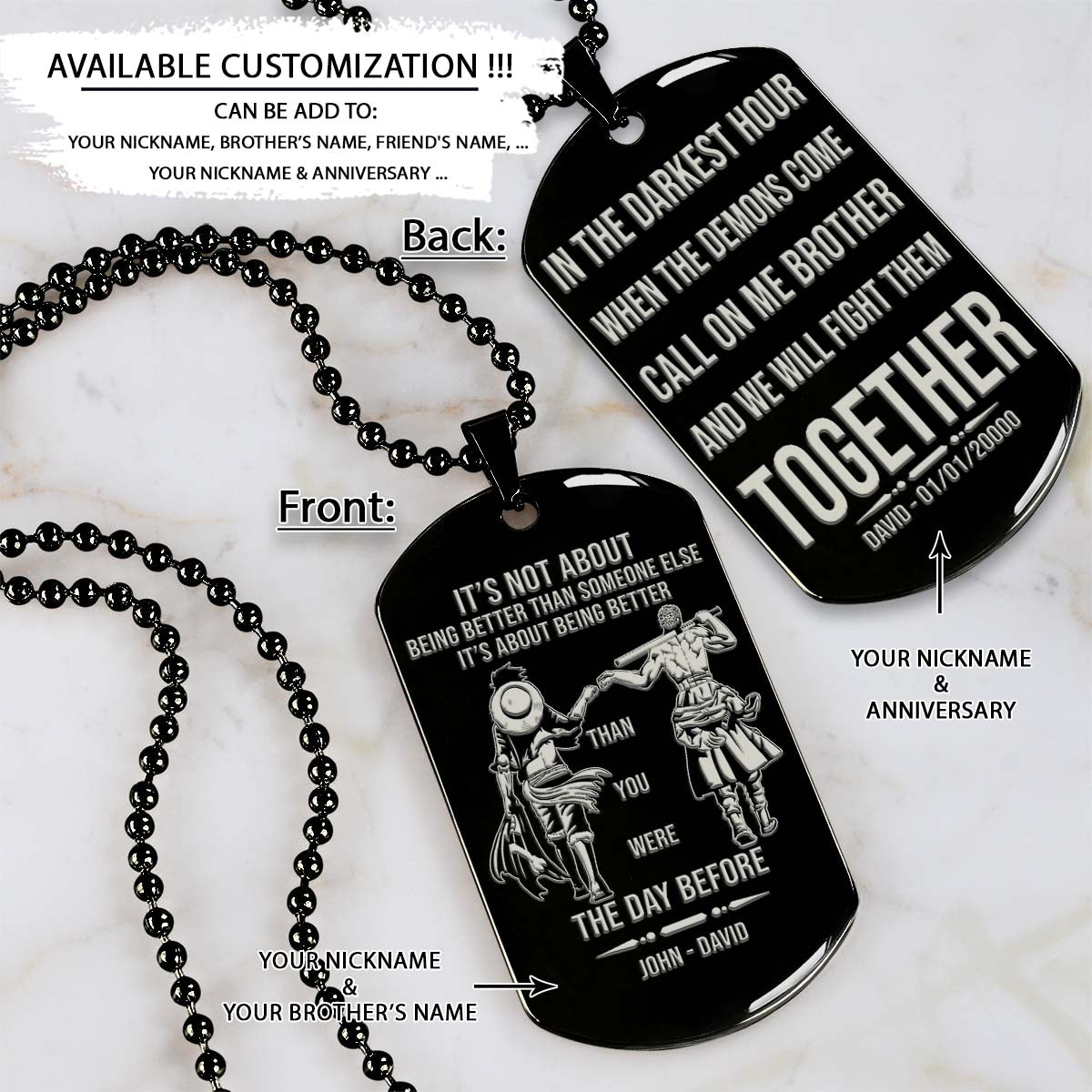 One Piece Dog Tag - Call On Me Brother - It's About Being Better Than You Were The Day Before - Monkey D. Luffy - Roronoa Zoro - One Piece Necklace - Engrave Dog Tag