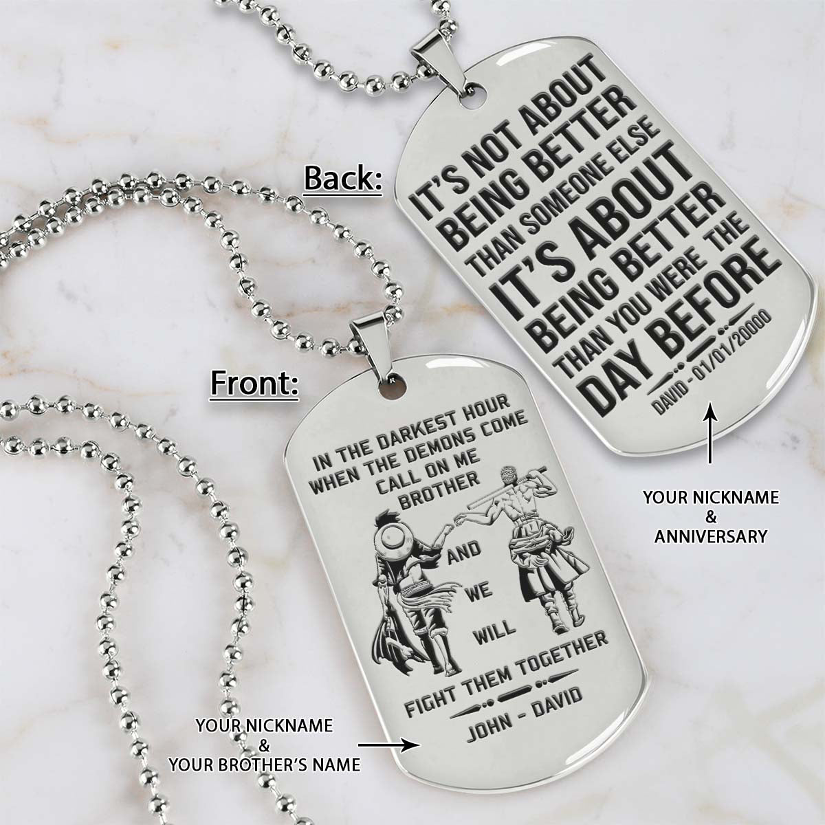 One Piece Dog Tag - Call On Me Brother - It's About Being Better Than You Were The Day Before - Monkey D. Luffy - Roronoa Zoro - One Piece Necklace - Engrave Dog Tag